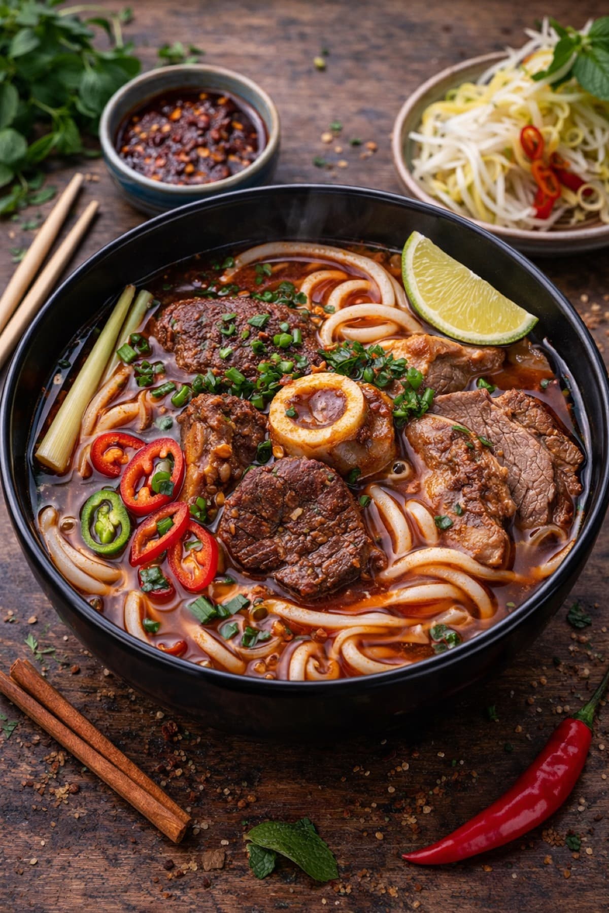 Bún bò Huế med kryddig buljong, nudlar, örter och chili